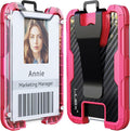 LIUGX Carbon Fiber Badge Holder, ID Card Holder with Metal Clip - Heavy Duty Portable Wallet (Holds 1to 4 Cards),for Office Police Worker Outdoor,Hot Pink
