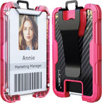 LIUGX Carbon Fiber Badge Holder, ID Card Holder with Metal Clip - Heavy Duty Portable Wallet (Holds 1to 4 Cards),for Office Police Worker Outdoor,Hot Pink