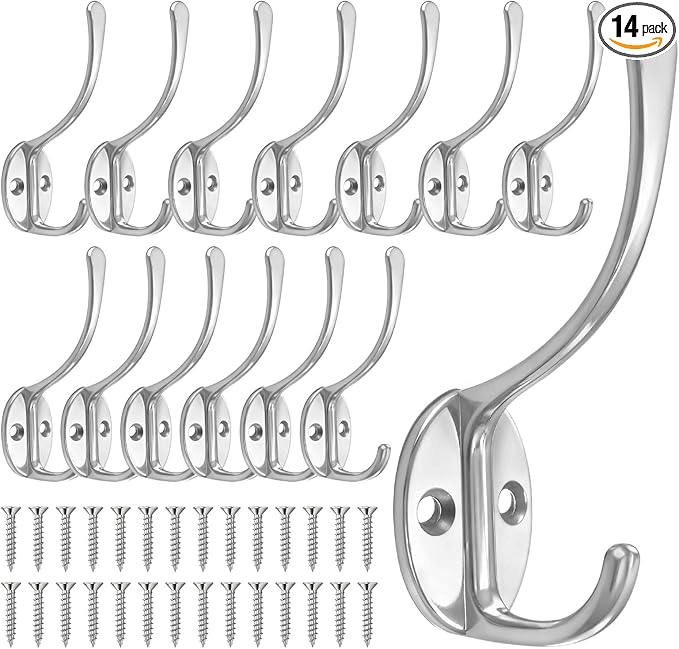 Homanu 14 Pack Coat Hooks Wall Mounted with 28 Screws, Heavy Duty Silver Towel Hooks Metal Double Hooks, No Rust Retro Rustic Wall Hooks for Hanging Towel, Coat, Scarf, Bag, Hat, Cup, Key
