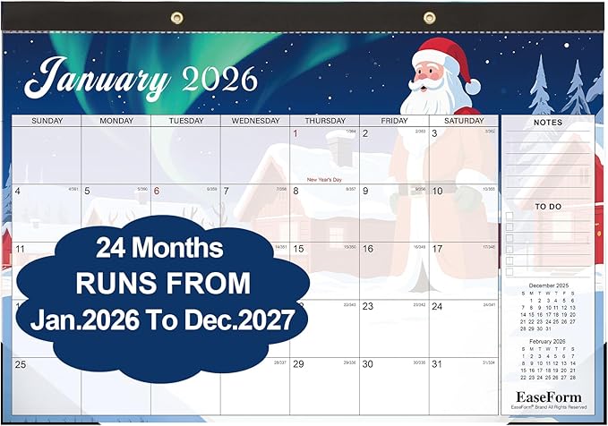 EaseForm 24 Month Desk Calendar 2026-2027, Runs from January 2026 to December 2027, Large 17"x12" Desktop/Wall Monthly Calendar, 2 Year Academic Calendar with Note & To Do for Home, School or office