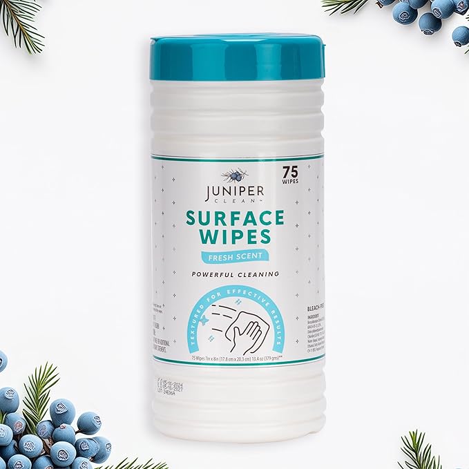 Juniper CLEAN 1 Pack Surface Cleaning Wipes Bleach Free, All-Purpose Cleaner for Bathroom, Kitchen, Office, 75 Count Canister, 7.5" x 7" Sheet, Fresh Scent, Lint Free & Durable