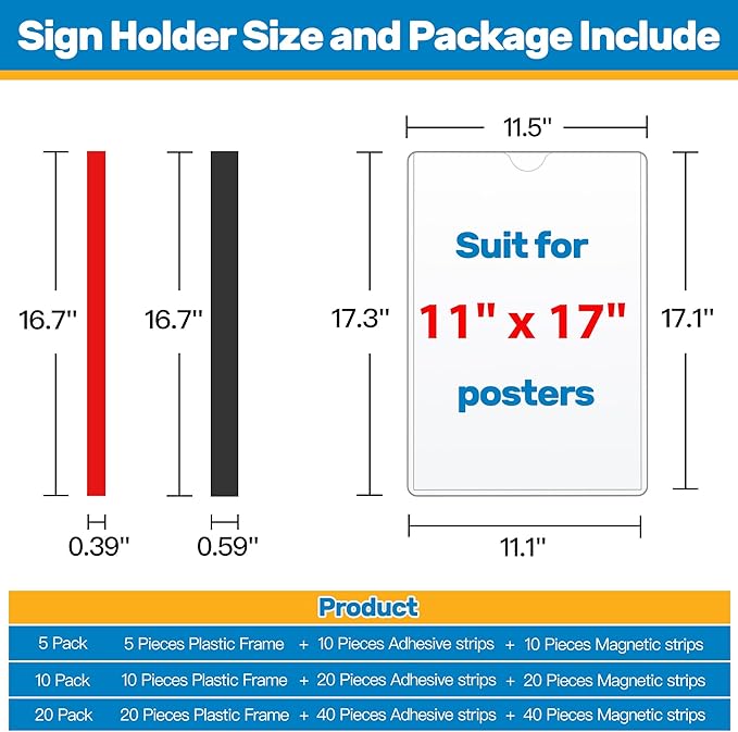 Magnetic Frames 11 x 17 Sign Holder Wall Mount 10 Pack, Rigid Clear Plastic Sign Holder with Magnet & Adhesive, Door Paper Holder for Refrigerator, Locker, Metal, Whiteboards, Windows