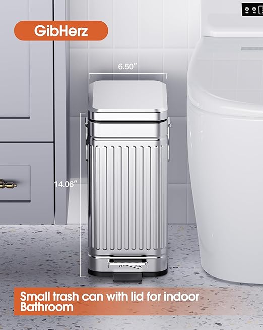 GibHerz Small Trash Can with Lid Soft Close-10L/2.6 Gal Stainless Steel Outdoor Dog Poop Garbage Can-Metal Waste Bins with Pedal for Bathroom Bedroom Office-Silver