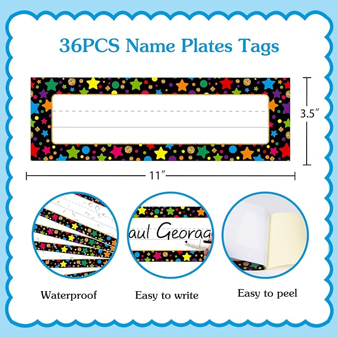 FaCraft 36Pcs Desk Name Plates for Classroom School - Waterproof Confetti Student Desk Name Tags for Classroom Nameplates Stickers Labels for Kindergarten Elementary Back to School Teacher Supplies