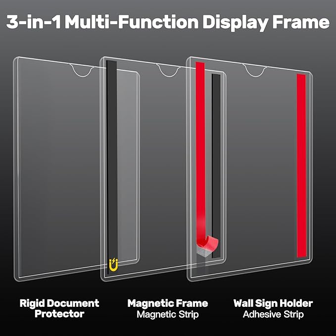 Magnetic Frames 11 x 17 Sign Holder Wall Mount 10 Pack, Rigid Clear Plastic Sign Holder with Magnet & Adhesive, Door Paper Holder for Refrigerator, Locker, Metal, Whiteboards, Windows