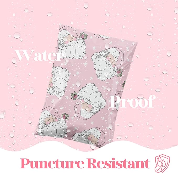 Pretty Package Store 6x9 Designer Christmas Holiday Poly Mailers 100 Pack Heavy Duty Waterproof Self Seal Shipping Bags Large Mailing Envelopes Bulk Tear Resistant Cute Packaging Pink Santa