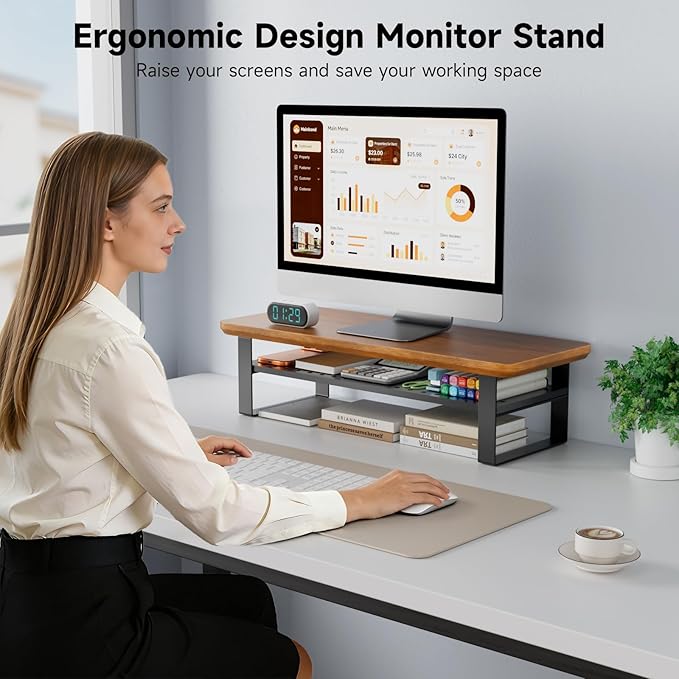 NestNeat Monitor Stand Riser, 24 Inch Computer Monitor Stand for Desk, 2-Tier Wood Desk Shelf Organizer with Storage, Desktop Stand for Laptop/Screen/PC/Printer, Ergonomic Home Office Monitor Stand