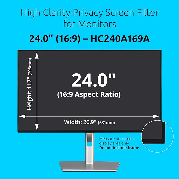 Kensington High Clarity Privacy Screen for 24 inch 16:9 Widescreen Monitor, Easy Installation Computer Privacy Filter for Desktop, 2H Hardness Protection, Compatible with LG Samsung Dell, HC240A169A