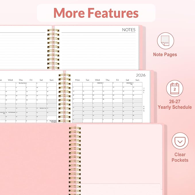 SUNEE 2026-2027 Planner - 24 Months (Jan 2026 - Dec 2027) - 7"x10" Monthly Spreads & Yearly Planner, Pink
