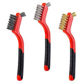 YiwerDer 3Pcs Mini Wire Brush Set, Stainless Steel/Brass/Nylon Bristles Wire Brushes, Curved Handle Soft Grip for Rust, Dirt & Paint Scrubbing with Deep Cleaning – 7 Inches (Red)