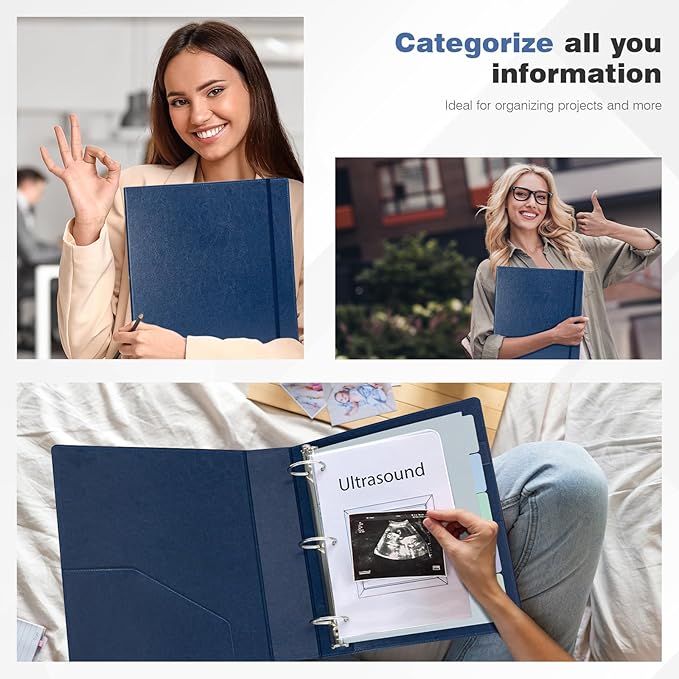 Ospelelf Vintage Hardcover 3 Ring 2 inch Leather Binder, Professional Binders Organizer Suitable for Letter Size Documents, Binder Dividers with Tabs, Dark Blue