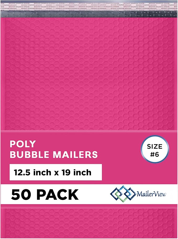 Hot Pink12.5x19.5 Inch Large Poly Bubble Mailers #6 | Padded Envelopes with Self Seal | Air Lined Cushioned Bubble Mailer | Usable Size 12.5x15 | 50 Pack Bulk | Lightweight shipping Bags