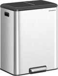 SONGMICS Trash Can, 2 x 8 Gallon (2 x 30 L) Double Garabge Can for Recycling and Waste, Stainless Steel, Soft-Close Lid, Inner Buckets, Wide Sturdy Pedal, Metallic Silver ULTB556E01