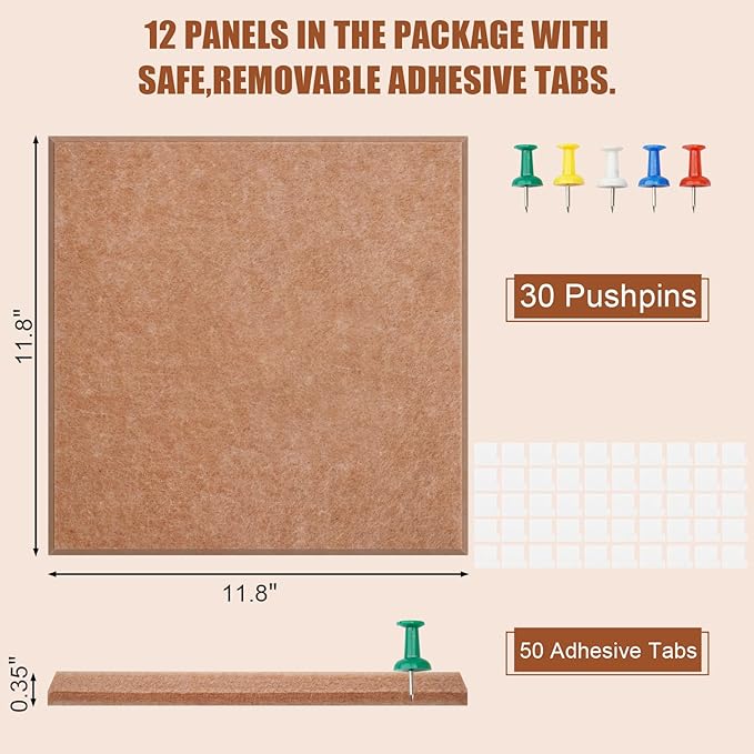 Large Cork Board Alternative 48" X 36" Bulletin Board - 12 Pack Removable Felt Wall Tiles with 30 pushpins, Large Cork Boards for Walls Cork Board for Office Pin Board Tack Board - Mauvey Pink