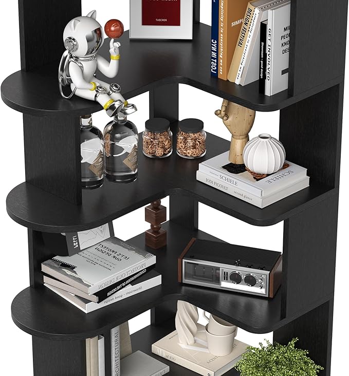 Farini 5-Tier Corner Bookshelf,L-Shaped Bookcase Freestanding Storage Shelf & Display Stand for Living Room, Office, Bedroom,Black