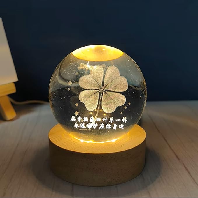 C&M 3D Luckey Clover Crystal Ball Night Light,Luckey Clover Figurine Lamp,Decorative Glass Sphere Ball Paperweight Crystal Sea Animal Decorations for Home (Luckey Clover)