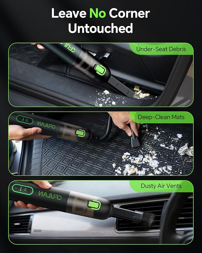 Cfulan Car Vacuum Portable Cordless, 21KPa 4-in-1 Handheld Mini Vacuum Cleaner with 8 Attachments, 3 Suction Modes, One-Touch Empty, Type-C Charge, Hand Vacuum for Car, Home, Keyboard, Small Job