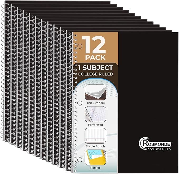 Rosmonde 1 Subject Spiral Notebook, 12 Pack, College Ruled, Water Resistant Cover, Thick 140 Pages/Book (70 Sheets), 8 x 10-1/2, 3 Hole, Bulk School & Office, Black Cover