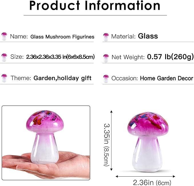 Hand Blown Glass Pink Mushrooms Paperweight for Birthday Gift,Home Decor Collectible,Garden Office Decor Lovers.