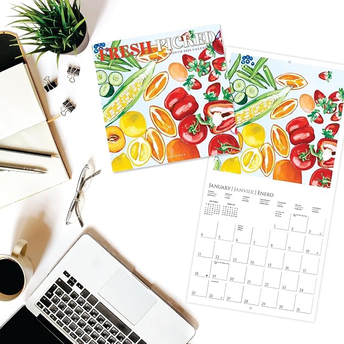 Graphique 2026 Fresh Picked Wall Calendar | 12” x 12” | Thick Paper | Home & Office Organizer | Large Monthly Grid | 3 Languages & Marked Holidays | 4 Month Preview Page for 2027