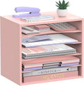 SHARKWOODS 5-Tier Wood Desk Organizer, Paper Tray Organizer for Desk with Adjustable Storage Shelves, Desktop File Organization Paper Sorter Mail Holder for Office Home Classroom, Pink