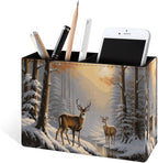 Famame Winter Wild Deer Snow Trees Pencil Holder for Desk, Leather Desktop Container Pen Cup Storage Study Table Pen Organizer Makeup Brush Holder for Classroom Office Home