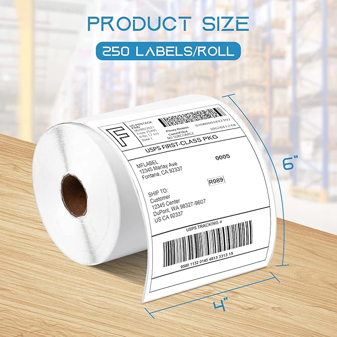 MFLABEL 4x6 Thermal Shipping Labels - 4 Rolls of 250, Perforated & Smudge-Proof Direct Thermal Labels Compatible with Rollo, Zebra, for Amazon UPS FedEx Shopify