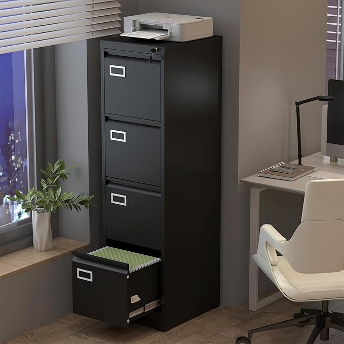4 Drawer File Cabinet with Lock, High-Capacity Vertical Metal Filing Cabinet for Home Office, Heavy Duty Locking Steel Storage for A4/Letter/Legal Size, Black, 17.7" D x 14.6" W x 52.6" H