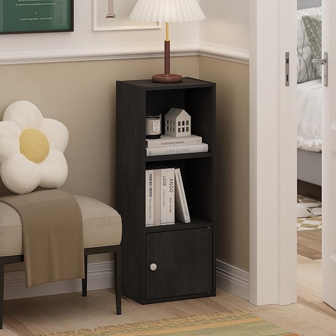 Furinno LUDER Book Shelf, 3-Tier Modern Bookshelf, Bookcase with 1 Door Storage Cabinet, 9.3 x 12 x 31.5, for Living Room, Bedroom, Home Office, Blackwood | Furinno, Luder, Shelf, Bookcase, 1 Door, Storage Cabinet