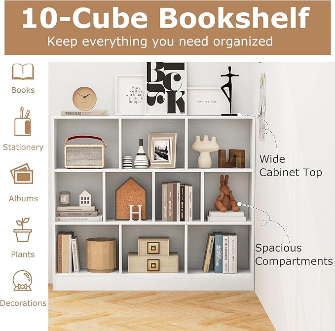 Tangkula 10-Cube Bookshelf, 47.5”L Floor Bookcase with 2 Anti-Tipping Kits, Freestanding Storage Organizer, 4-Tier Display Shelf for Home, Office & Dorms, Natural/White (White, 10-Cube)