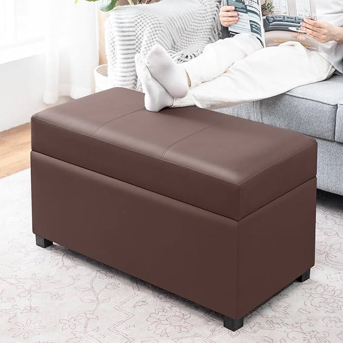 Joveco 32" Leather Storage Ottoman Bench, Rectangle Foot Rest Stool for Living Room, Bedroom, Entryway, Brown