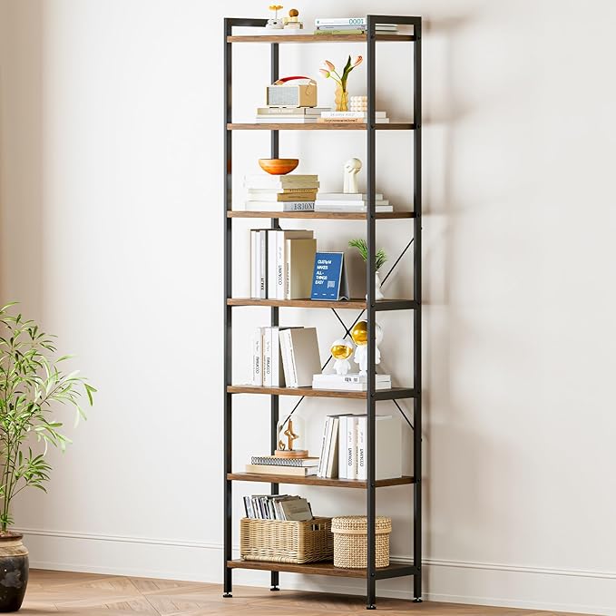 Casaottima Book Shelf, 7 Tier Tall Bookshelf, Modern Wood Bookcase Shelves for Bedroom, Industrial Display Shelf for Living Room Home Office Kitchen, Standing Shelving Unit Storage Organizer, Vintage
