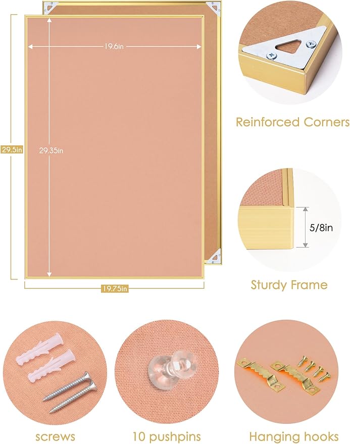 Bulletin Board 30 x 20 inches, Aluminum Framed Fabric Cork Board with 10 Push Pins (Blush Coral, 30 x 20 inches)