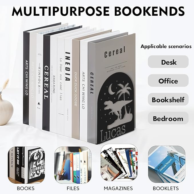 Personalized Name Book Ends Metal, Heavy Duty Bookends for Shelves Decorative, Dinosaur Non-Slip Book Stopper, Home Office Desk Modern Bookshelf Decor, Customized Gifts Color07