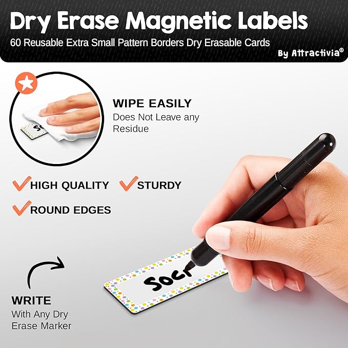 Attractivia Erase Magnetic Labels 2.8 x 1.2 in, Pattern Borders, Dry Erase Magnets, 60-Pack, White Erasable Write-On All-Purpose Labels, for Office, Education, Home, Whiteboard, Magnetic Name Tags