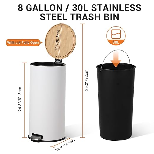 8 Gallon (30L) Step Trash Can with Soft-Close Bamboo Lid – Fingerprint-Resistant Stainless Steel, Removable Inner Bucket, Slim Round Indoor Garbage Bin for Kitchen, Bathroom – White