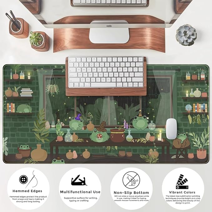 Mechanical Cattle Cute Desk Mat Kawaii Frog Mouse Pad Green Desk Anime Mat Large Gaming Mouse Pad Desk Computer Keyboard Pad Desk Home Office Accessories Girl Stitched Eges (31.5x15.7 in) WER236