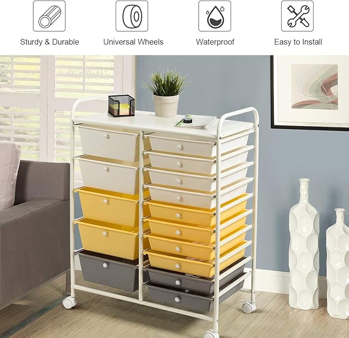 HAPPYGRILL 15-Drawer Rolling Cart, Storage Carts with Removable Drawers & Steel Frame, Utility Cart on Lockable Wheels for Home, School, Office, Yellow