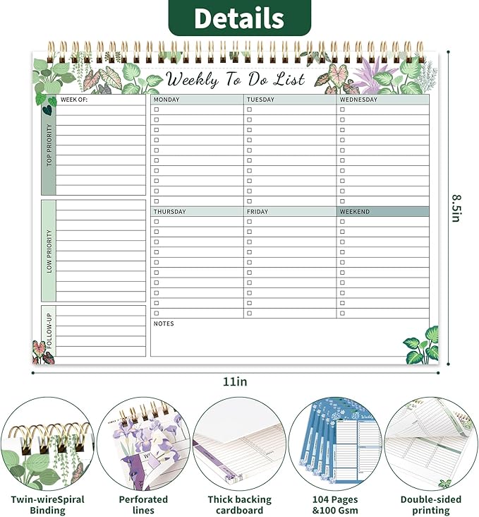 104 Pgs Weekly To Do List Notepad, 52 Duplex-Printed Undated Sheets 100 GSM（8.5"×11") Weekly Desk Planner For Work Home School Office Desk Accessories Supplies & Goal Setting Tasks - Green Foliage