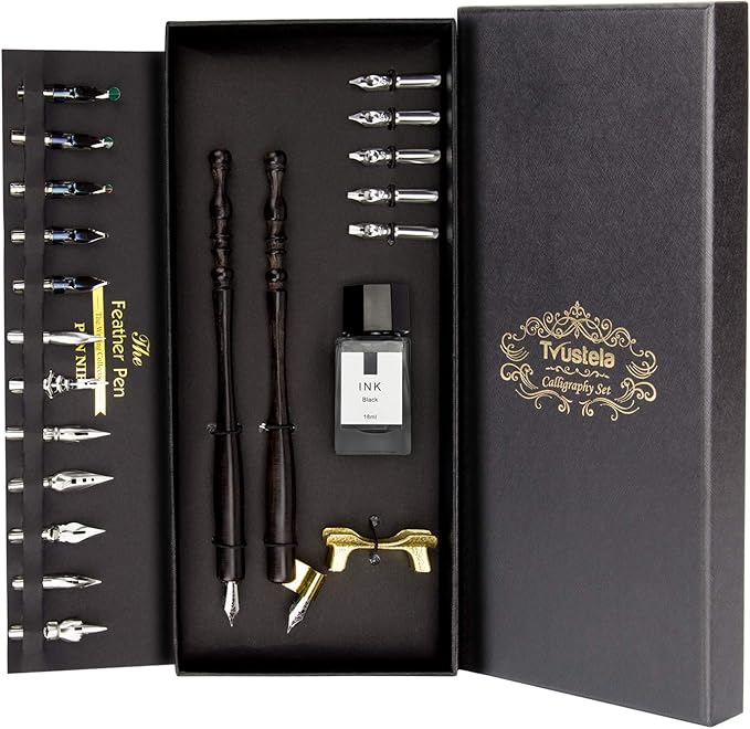 Trustela Calligraphy Set for Beginners, Dip Pen Set with 19 Nibs, Oblique Pen Holder, Wooden Pen Set