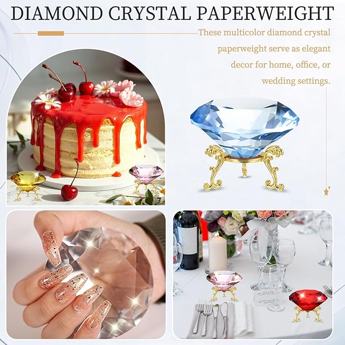 PATIKIL Diamond Crystal Paperweight, 80mm / 3.15" Crystal Paperweight Paper Weight with Gold 19 Metal Base for Home Office Desktop Table Decor Wedding Party Ornaments, Light Blue