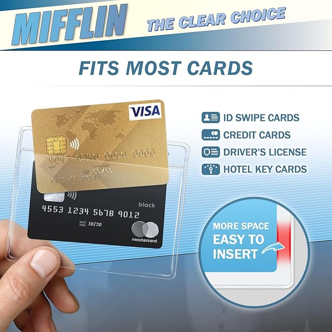 Mifflin-USA Horizontal No Zip Card Protector with Metal Clip and Vinyl Straps (Clear, 4x3 Inch, 100 Pack), Quick Load PVC ID Name Badge with Clips