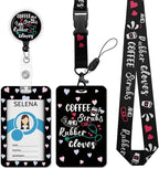 Funny Nurse Lanyards for ID Badges Name Tags ID Card Holder, ID Badge Holder with Breakaway Lanyard, Cute Badge Reel Badge Clip Retractable, Coffee Scrubs and Rubber Gloves (Black)