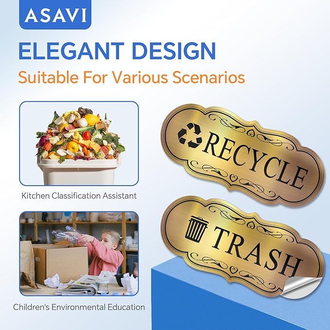 ASAVI Trash & Recycle Stickers – 2-Pack Self-Adhesive Vinyl Labels, Waterproof & Durable (Brushed Gold Black, Medium 6.3 x 2.7 inches)