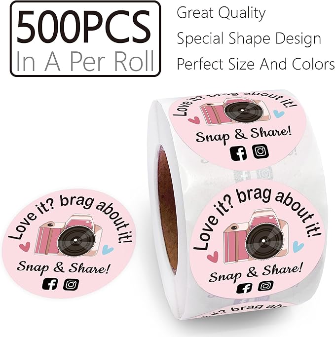 500 Love It Brag About It Snap Share Stickers - Pink Review, Boutique Packaging Handmade, Small Business Must Haves Social Media Roll