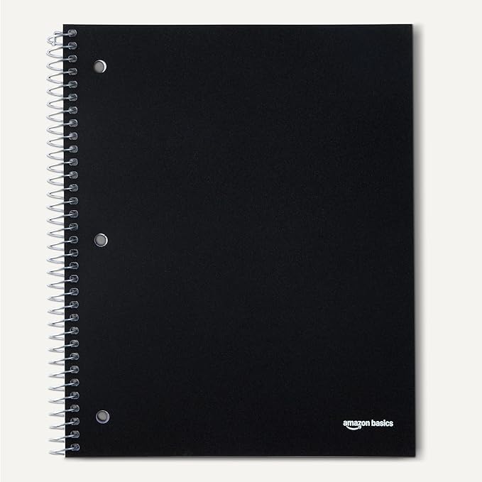Amazon Basics Wide-Ruled Spiral Notebook with Pocket Divider, for School, Office and Work, 100 Sheets, 8" x 10.5", Assorted Primary Colors, 3-Pack