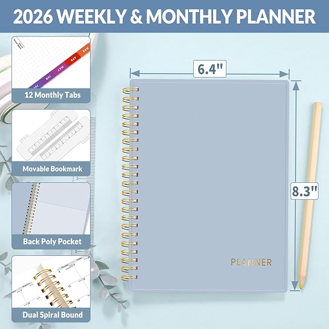 SUNEE 2026 Weekly and Monthly Planner - from January 2026 - December 2026, Daily Agenda Planner with Monthly Tab, Flexible Cover, Note Pages, Pockets, Bookmark, Spiral Binding, Gray Blue, 6.4" x 8.3"