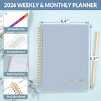 SUNEE 2026 Weekly and Monthly Planner - from January 2026 - December 2026, Daily Agenda Planner with Monthly Tab, Flexible Cover, Note Pages, Pockets, Bookmark, Spiral Binding, Gray Blue, 6.4" x 8.3"