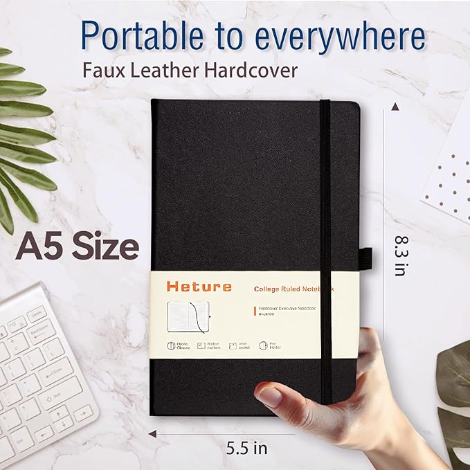 Heture Hardcover Notebooks, A5 Lined Journals Notebook for Writing 160 Pages, 8.2 x 5.5 inch, Classic Ruled Notebooks for College/Work/Travel (Black, 1 Pack)