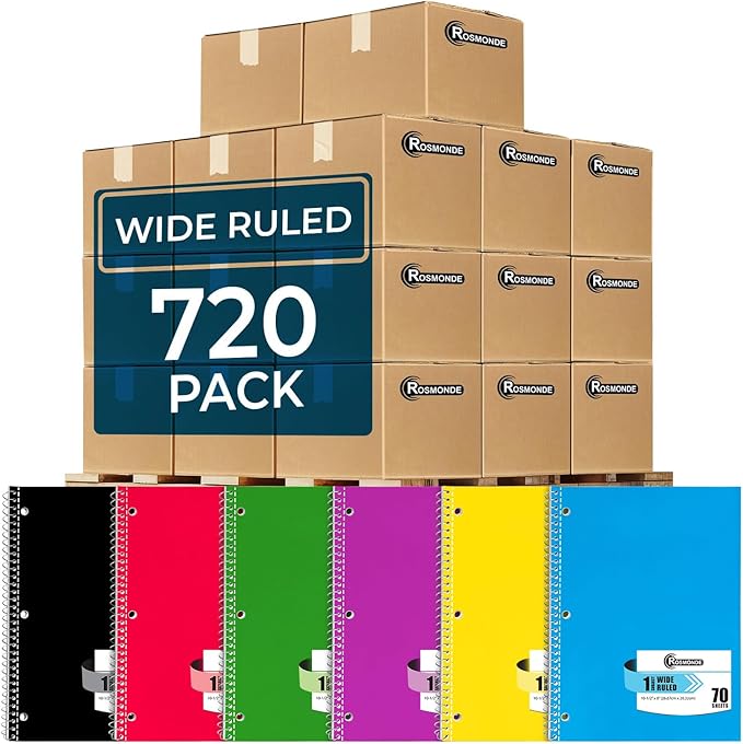 Rosmonde 720 Packs (Pallet) 1 Subject Notebooks, Wide Ruled, Pallet of Notebooks, 70 Sheets (140 pages), 8 x 10-1/2", Spiral Notebook Bulk, Bulk Spiral Notebooks for School & Office, 4-7 Days Transit